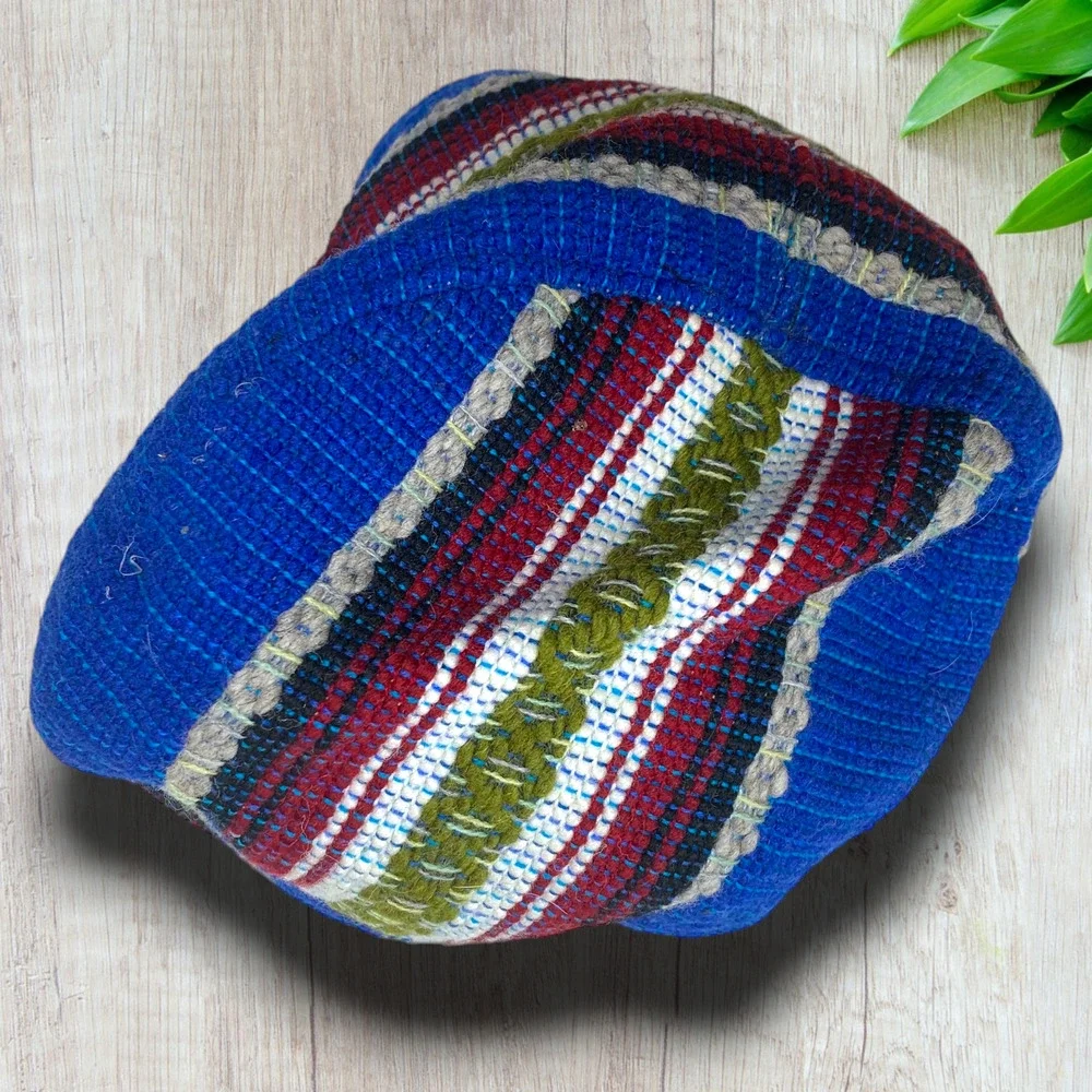 Vintage Guatemalan Woven Textile Pillbox Bucket Hat Artisan Handmade Blue Stripe - Picture 4 of 6